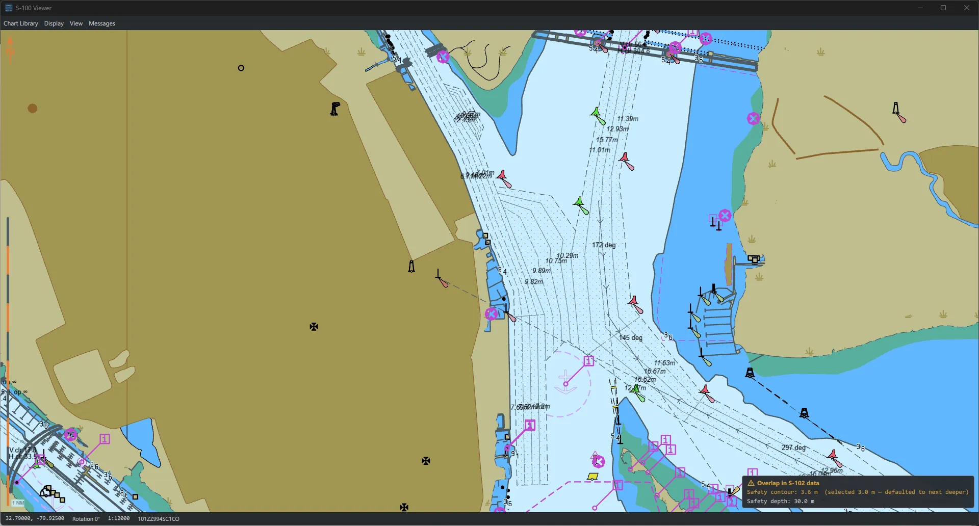 The S-100 Viewer showing the Charleston waterfront, with the chart
                    library, display and view menus and the safety contour readout