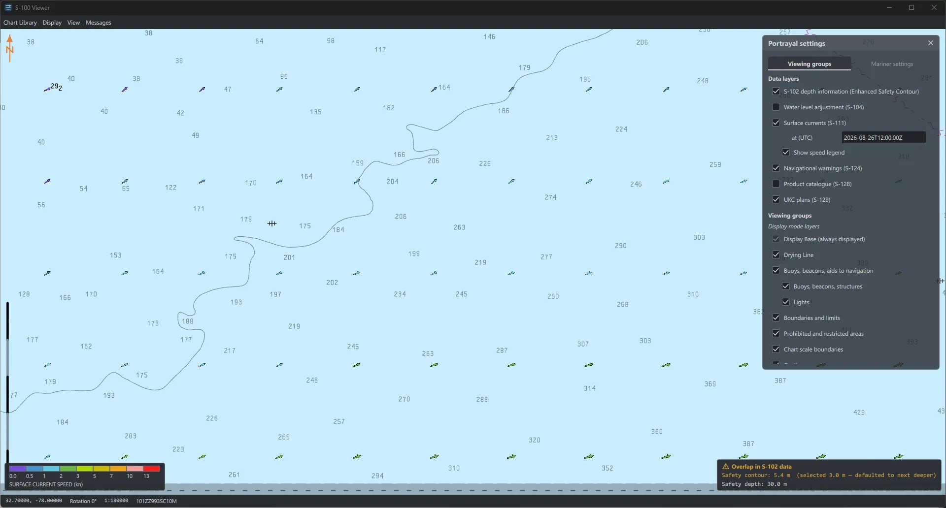 Surface current arrows across an offshore area with the speed legend,
                    and the portrayal settings panel open beside them