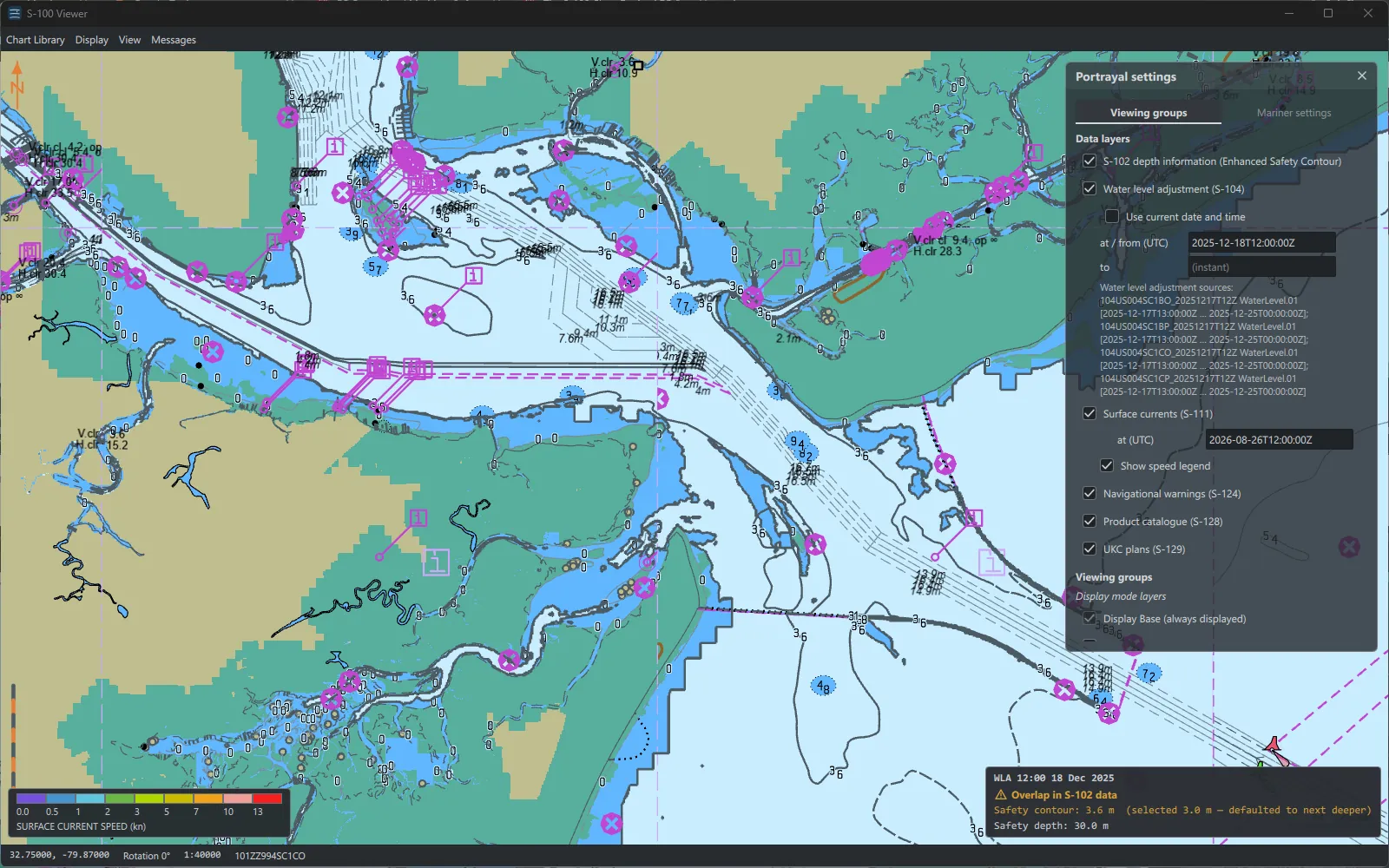 The portrayal settings panel with the S-102, S-104, S-111, S-124,
                    S-128 and S-129 layers all selected, over the harbour chart