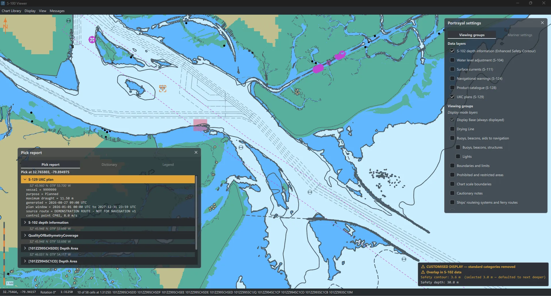 A pick report on an under-keel clearance plan, showing the vessel,
                    purpose, maximum draught, plan window, source route and control point