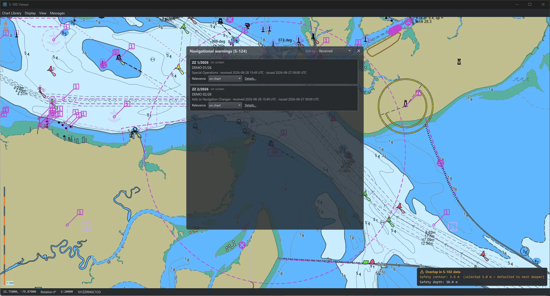 The navigational warnings panel listing two warnings with their
                    classification and relevance, and the areas they affect shaded on
                    the chart